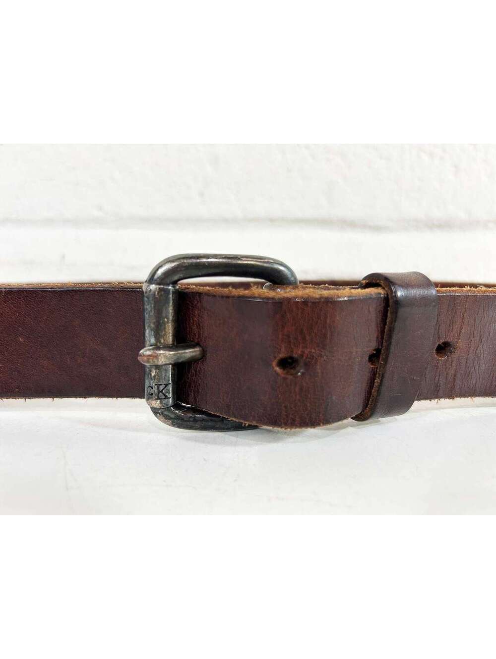 Vintage Calvin Klein Leather Belt Western Country Silver Buckle Small 1990s Y2K